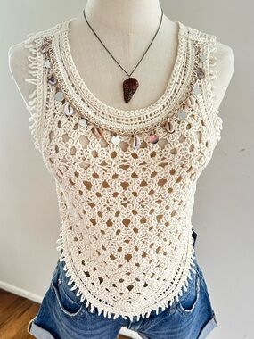 POL Cream Crochet Tank Top Shell Mirror Trim Boho Beach Cover Up One Size
